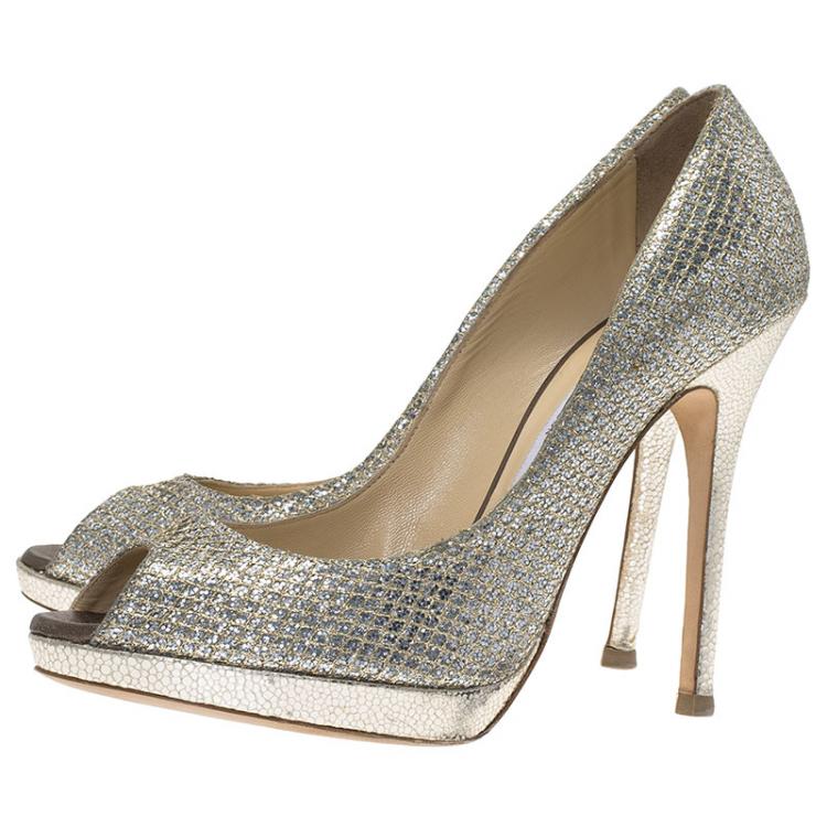 Pre Owned Jimmy Choo Silver Glitter Luna Peep Toe Platform Pumps Size 39.5