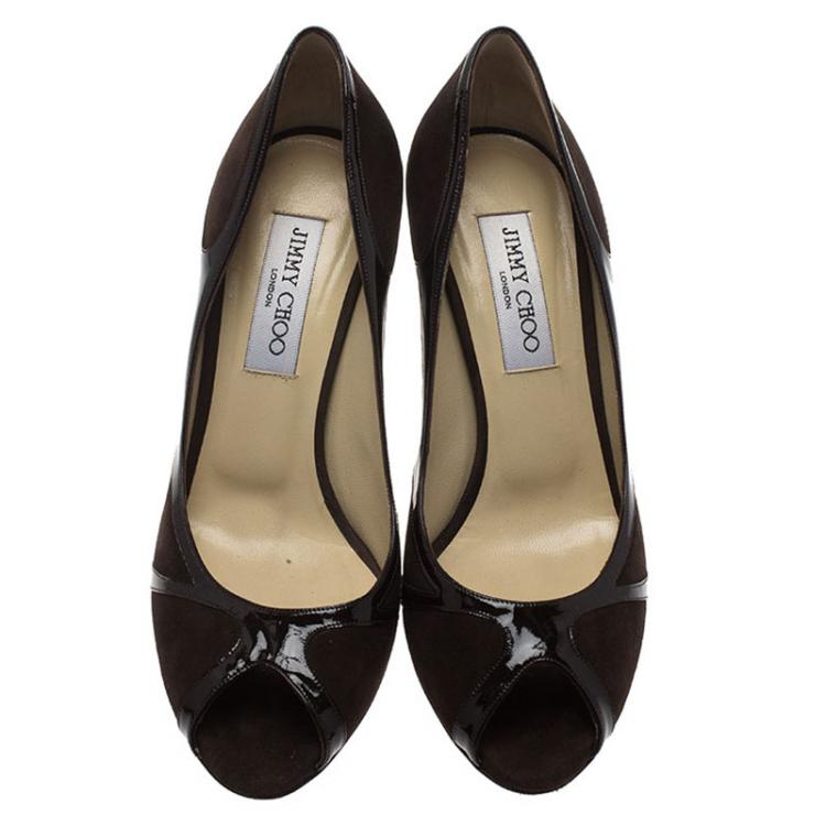 Pre Owned Jimmy Choo Brown Suede and Patent Peep Toe Pumps Size 38