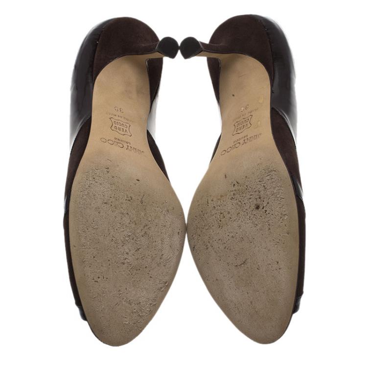 Pre Owned Jimmy Choo Brown Suede and Patent Peep Toe Pumps Size 38
