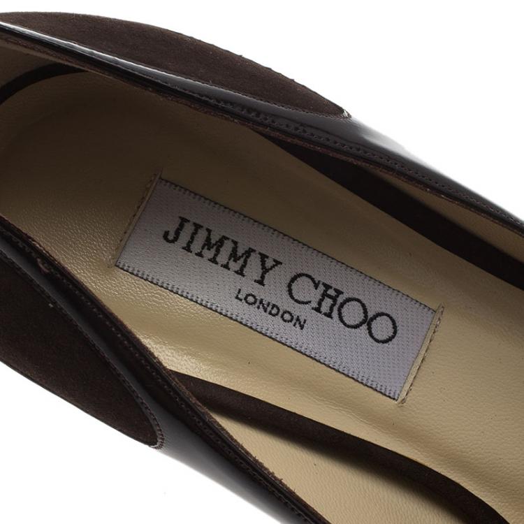 Pre Owned Jimmy Choo Brown Suede and Patent Peep Toe Pumps Size 38