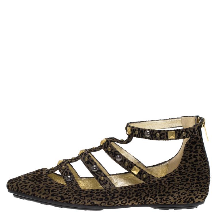 Pre Owned Jimmy Choo Brown Leopard Print Studded Suede Walton Gladiator Flats Size 38.5
