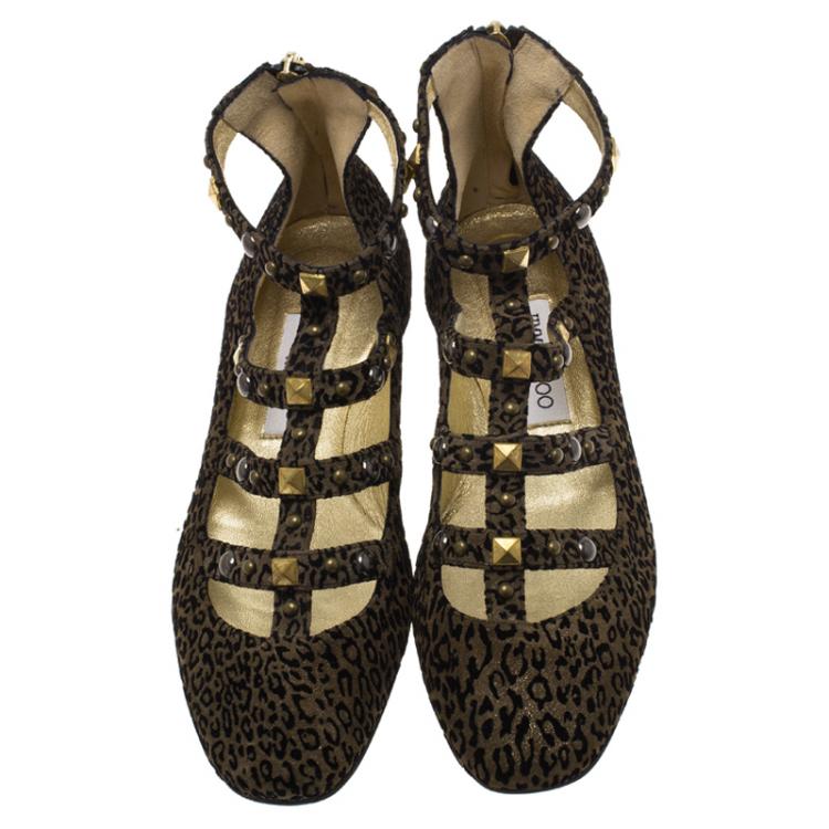 Pre Owned Jimmy Choo Brown Leopard Print Studded Suede Walton Gladiator Flats Size 38.5