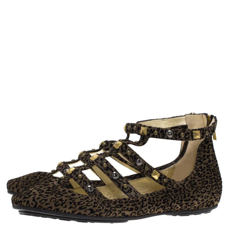 Pre Owned Jimmy Choo Brown Leopard Print Studded Suede Walton Gladiator Flats Size 38.5