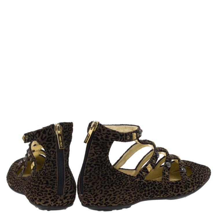 Pre Owned Jimmy Choo Brown Leopard Print Studded Suede Walton Gladiator Flats Size 38.5