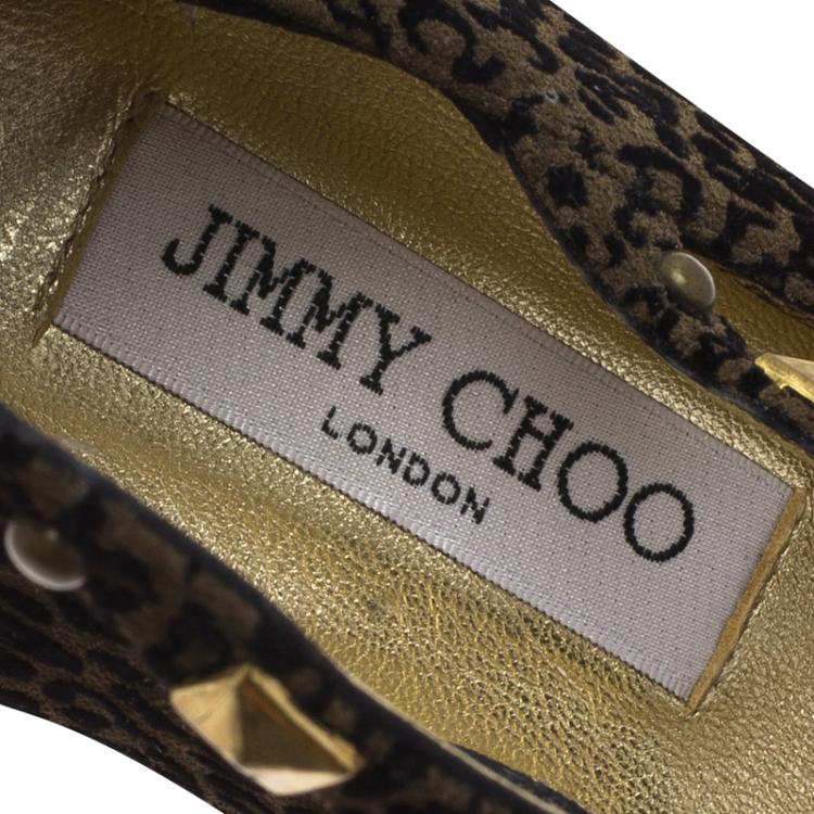 Pre Owned Jimmy Choo Brown Leopard Print Studded Suede Walton Gladiator Flats Size 38.5