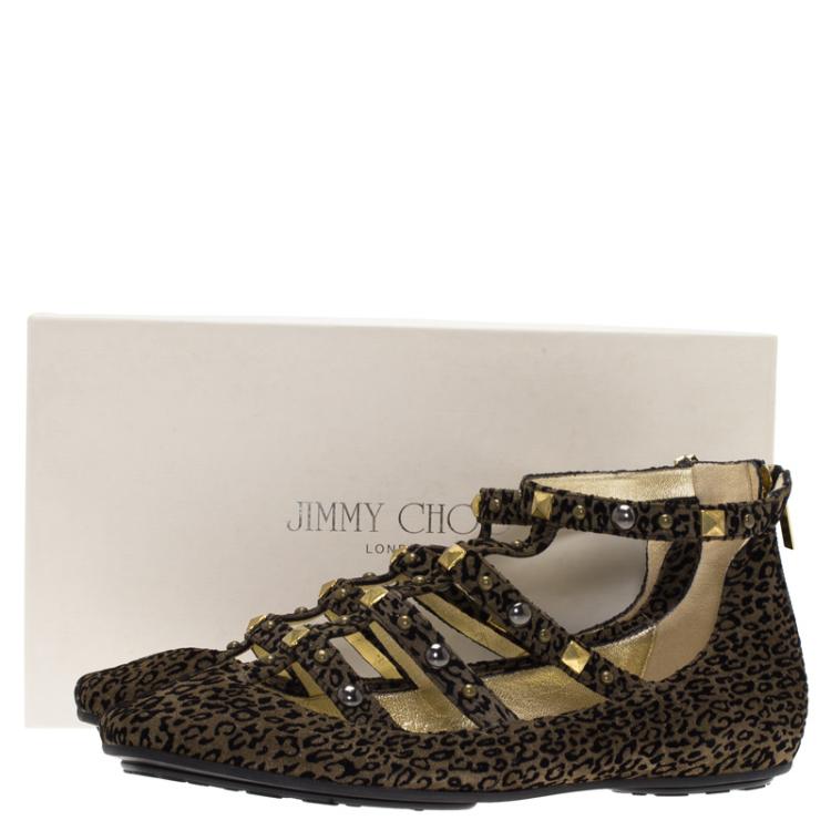 Pre Owned Jimmy Choo Brown Leopard Print Studded Suede Walton Gladiator Flats Size 38.5