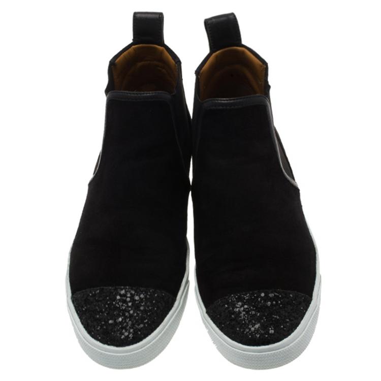 مملوكة مسبقًا Jimmy Choo Black Velvet and Leather Dellavel High Top Sneakers Size 38.5