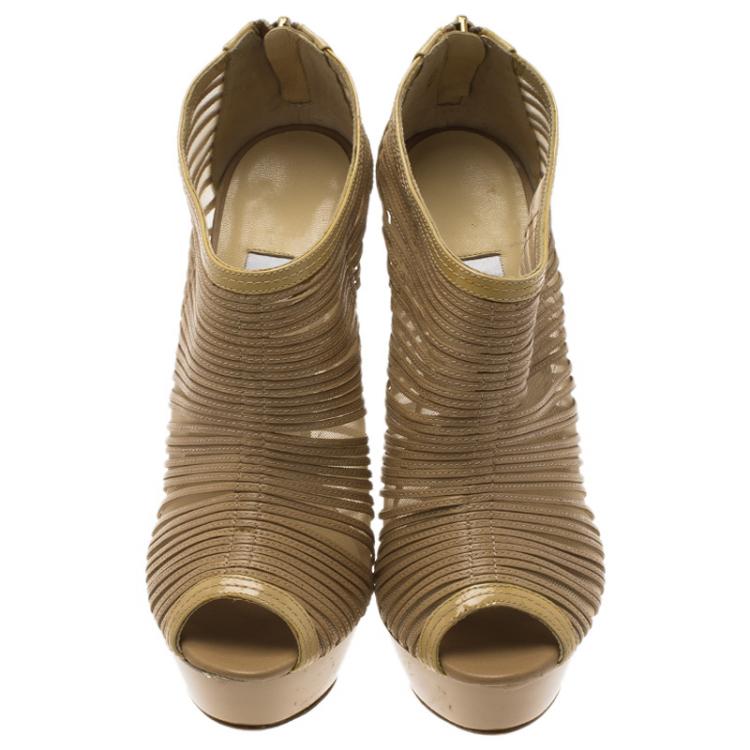 Pre Owned Jimmy Choo Beige Patent and Mesh Ellie Platform Wedge Ankle Boots Size 37