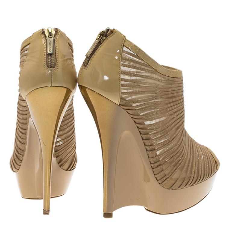 Pre Owned Jimmy Choo Beige Patent and Mesh Ellie Platform Wedge Ankle Boots Size 37
