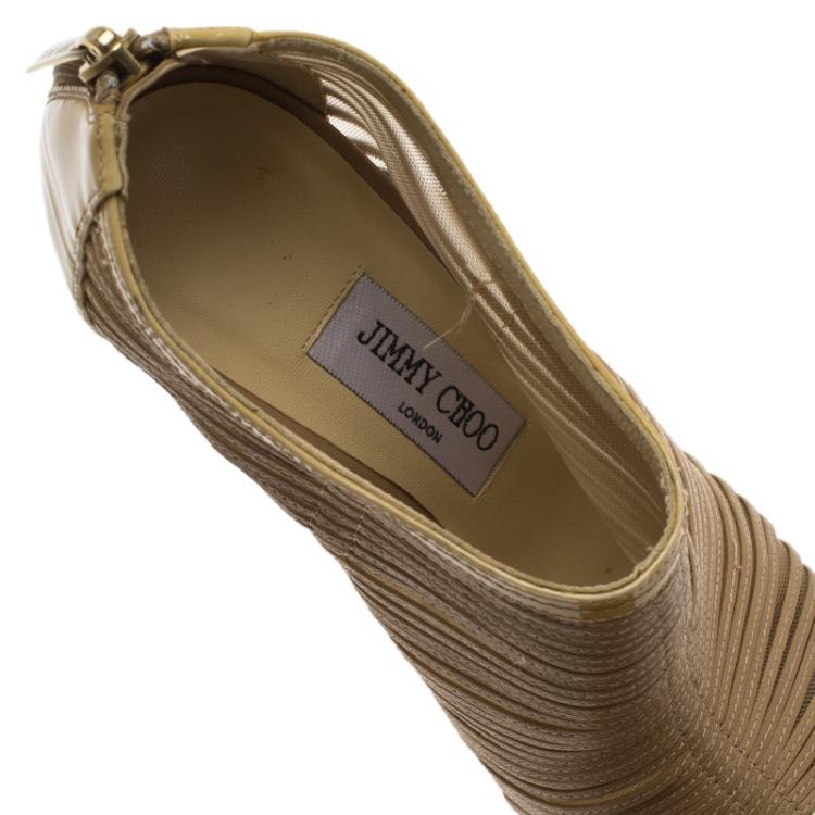 Pre Owned Jimmy Choo Beige Patent and Mesh Ellie Platform Wedge Ankle Boots Size 37