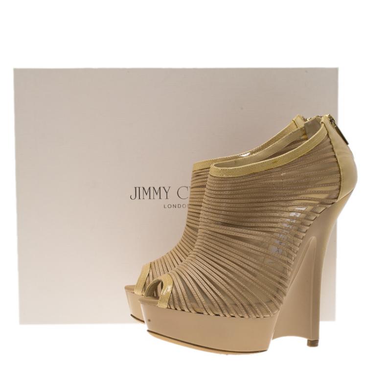 Pre Owned Jimmy Choo Beige Patent and Mesh Ellie Platform Wedge Ankle Boots Size 37