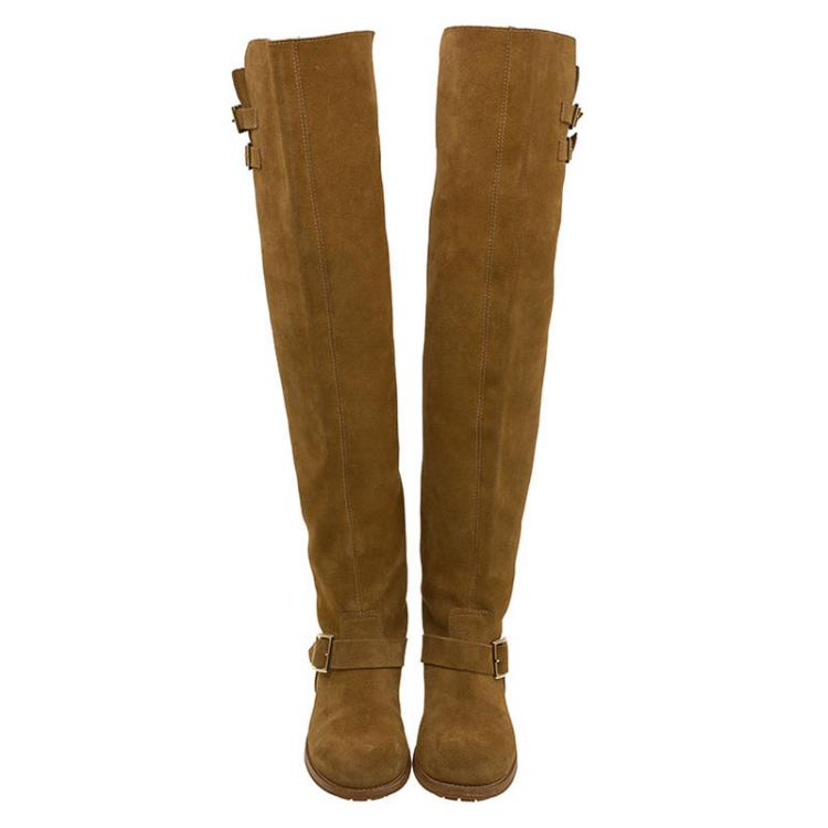 مملوكة مسبقًا Jimmy Choo Brown Suede Yearn Buckle Over the Knee Boots Size 38