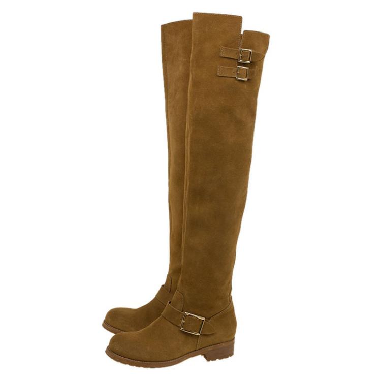 مملوكة مسبقًا Jimmy Choo Brown Suede Yearn Buckle Over the Knee Boots Size 38