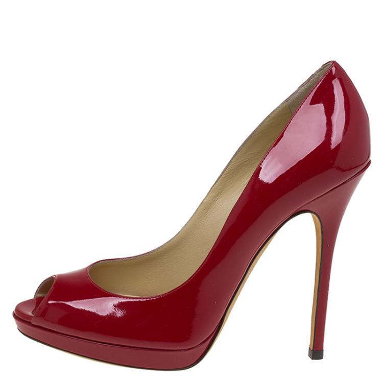 Pre Owned Jimmy Choo Red Patent Quiet Peep Toe Platform Pumps Size 38