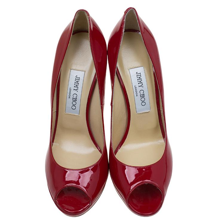 Pre Owned Jimmy Choo Red Patent Quiet Peep Toe Platform Pumps Size 38