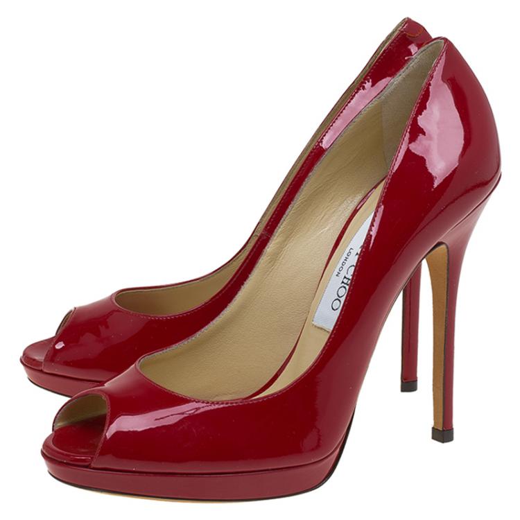 Pre Owned Jimmy Choo Red Patent Quiet Peep Toe Platform Pumps Size 38