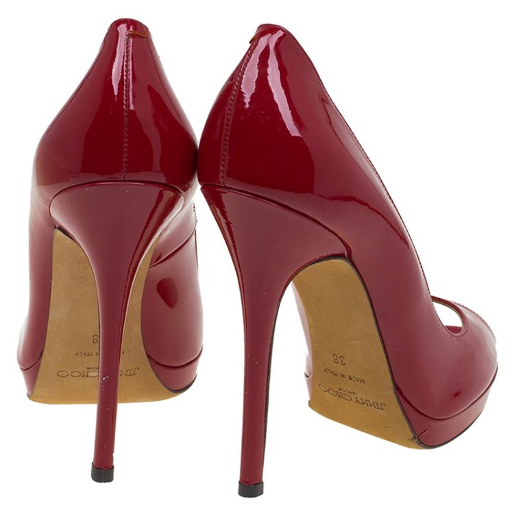 Pre Owned Jimmy Choo Red Patent Quiet Peep Toe Platform Pumps Size 38