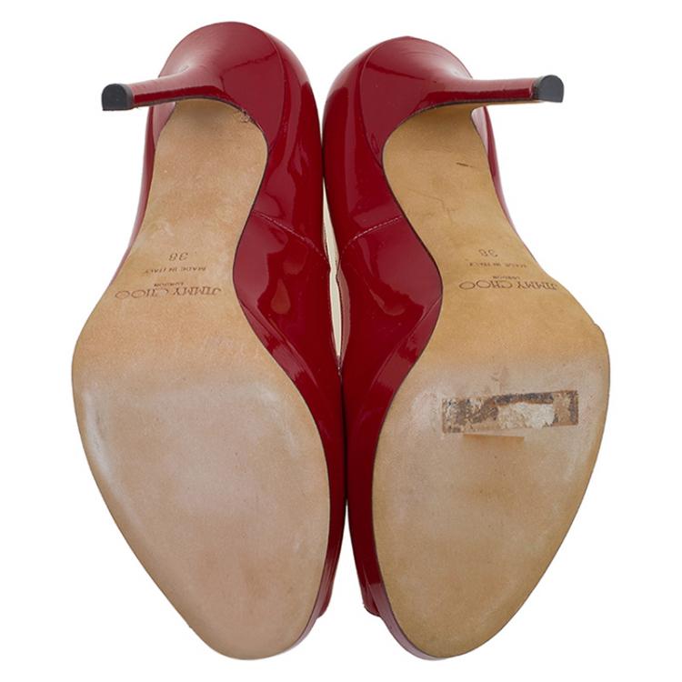 Pre Owned Jimmy Choo Red Patent Quiet Peep Toe Platform Pumps Size 38