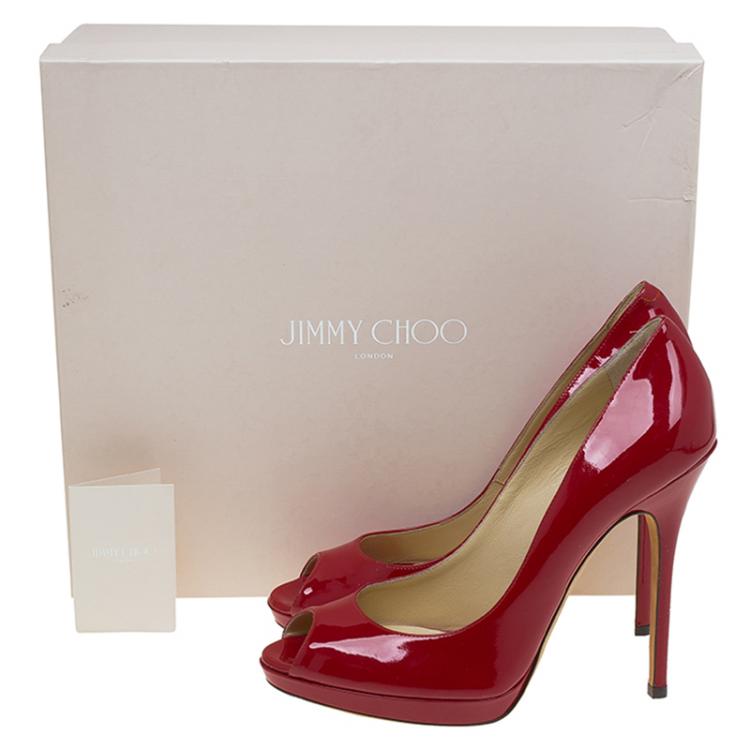 Pre Owned Jimmy Choo Red Patent Quiet Peep Toe Platform Pumps Size 38