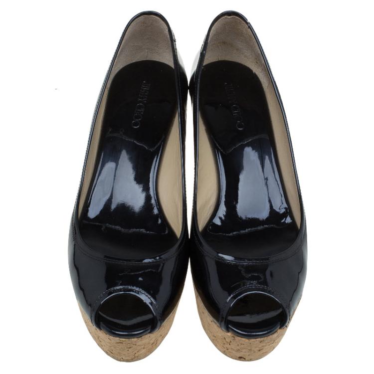 Pre Owned Jimmy Choo Black Patent Parley Open Toe Cork Wedge Pumps  Size 39.5
