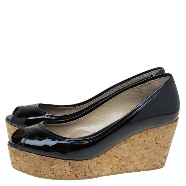 Pre Owned Jimmy Choo Black Patent Parley Open Toe Cork Wedge Pumps  Size 39.5