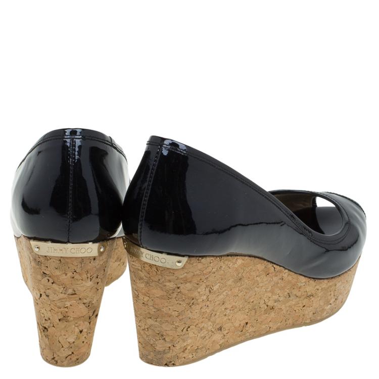 Pre Owned Jimmy Choo Black Patent Parley Open Toe Cork Wedge Pumps  Size 39.5