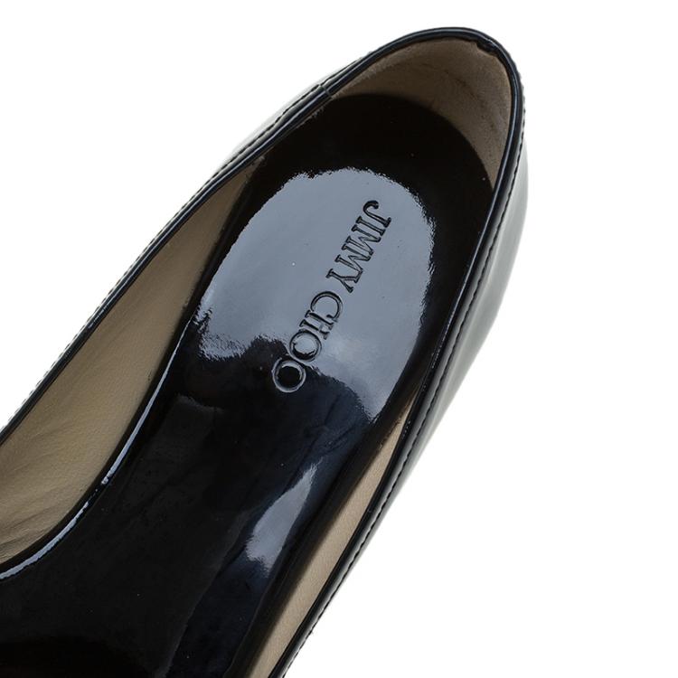 Pre Owned Jimmy Choo Black Patent Parley Open Toe Cork Wedge Pumps  Size 39.5