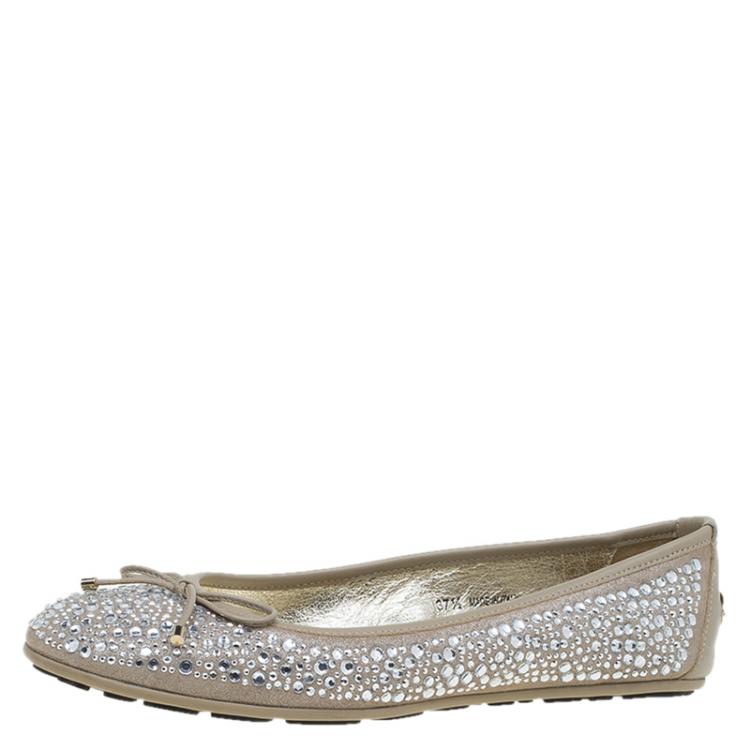 Pre Owned Jimmy Choo Beige Crystal Embellished Suede Weber Ballet Flats Size 37.5