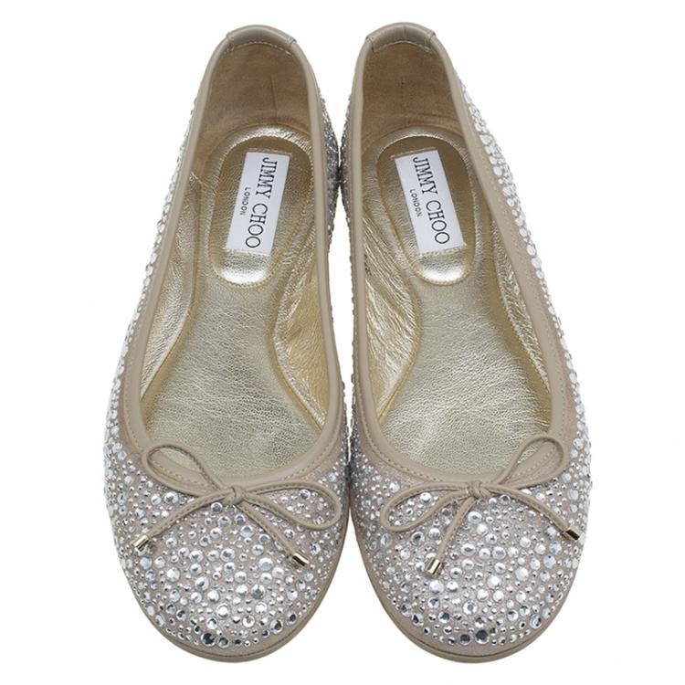 Pre Owned Jimmy Choo Beige Crystal Embellished Suede Weber Ballet Flats Size 37.5