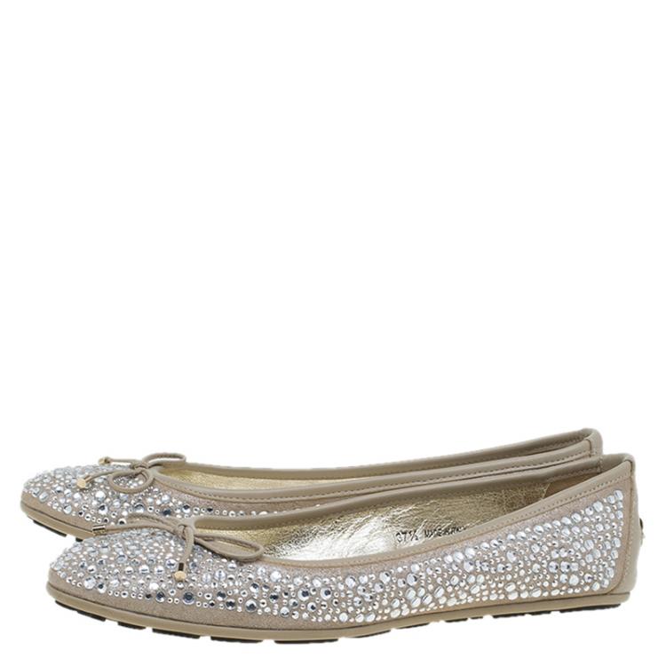 Pre Owned Jimmy Choo Beige Crystal Embellished Suede Weber Ballet Flats Size 37.5