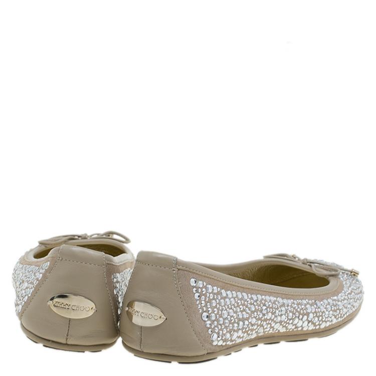 Pre Owned Jimmy Choo Beige Crystal Embellished Suede Weber Ballet Flats Size 37.5