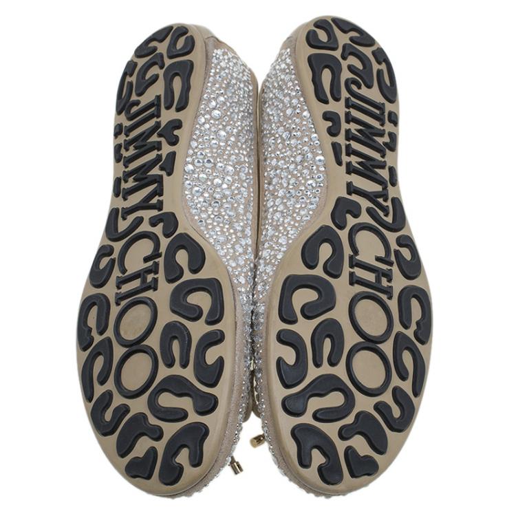 Pre Owned Jimmy Choo Beige Crystal Embellished Suede Weber Ballet Flats Size 37.5
