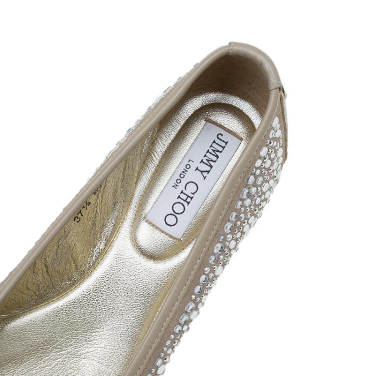 Pre Owned Jimmy Choo Beige Crystal Embellished Suede Weber Ballet Flats Size 37.5