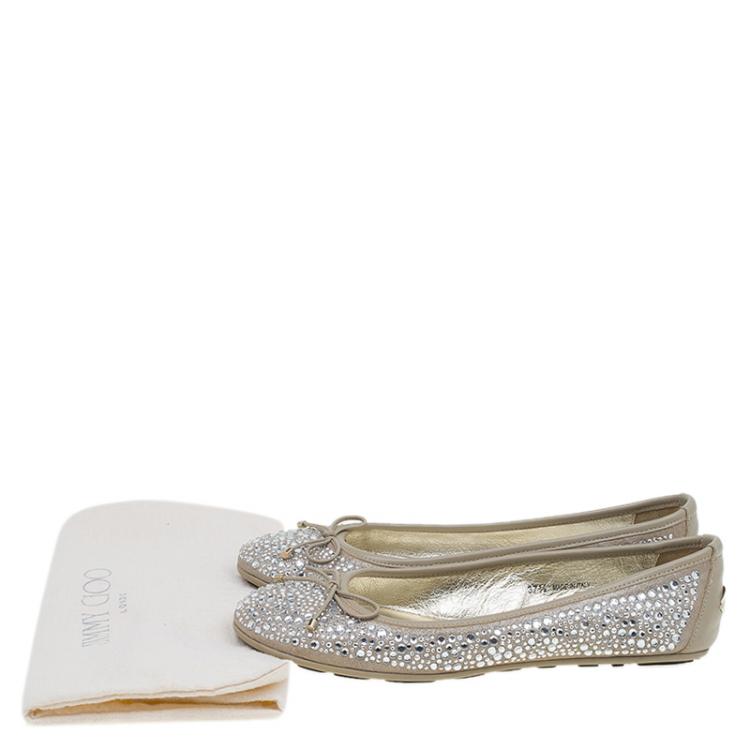 Pre Owned Jimmy Choo Beige Crystal Embellished Suede Weber Ballet Flats Size 37.5