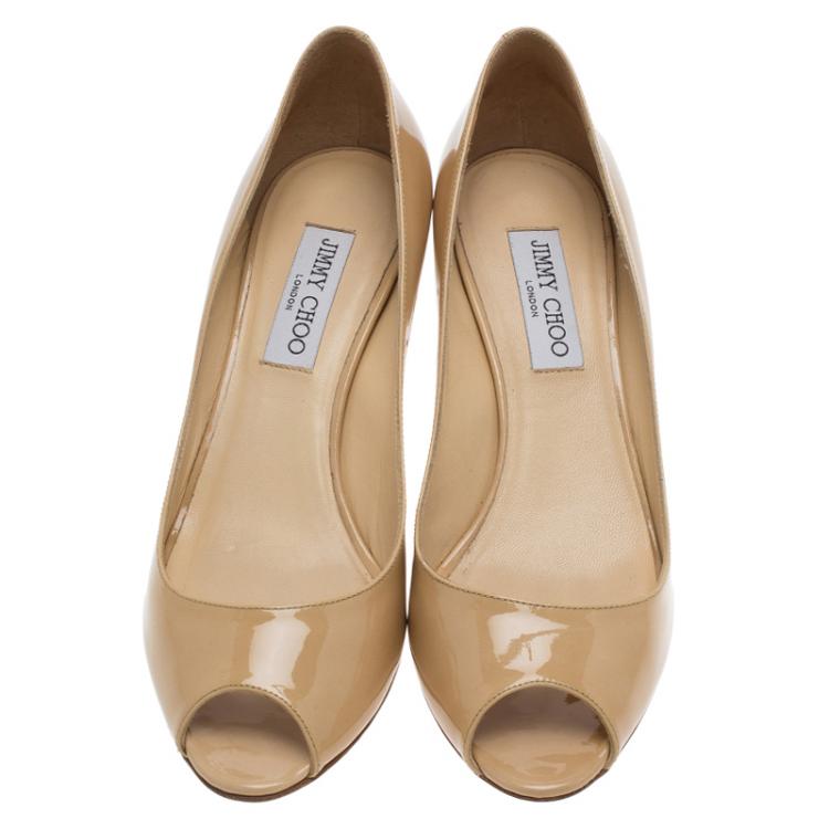 Pre Owned Jimmy Choo Beige Patent Evelyn Peep Toe Pumps Size 39