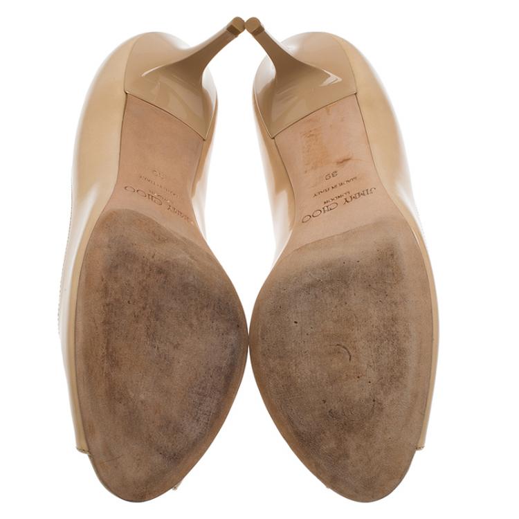 Pre Owned Jimmy Choo Beige Patent Evelyn Peep Toe Pumps Size 39