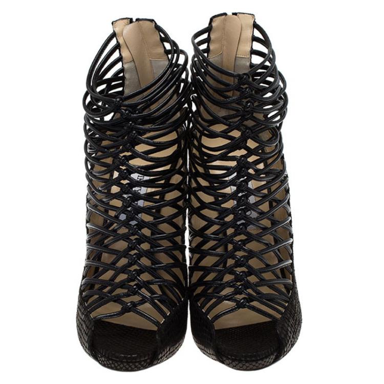 Pre Owned Jimmy Choo Black Snakeskin Embossed Quito Open Toe Ankle Boots Size 41