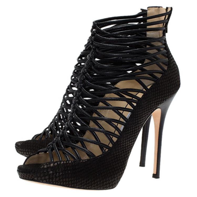 Pre Owned Jimmy Choo Black Snakeskin Embossed Quito Open Toe Ankle Boots Size 41