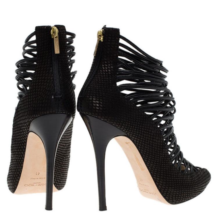 Pre Owned Jimmy Choo Black Snakeskin Embossed Quito Open Toe Ankle Boots Size 41