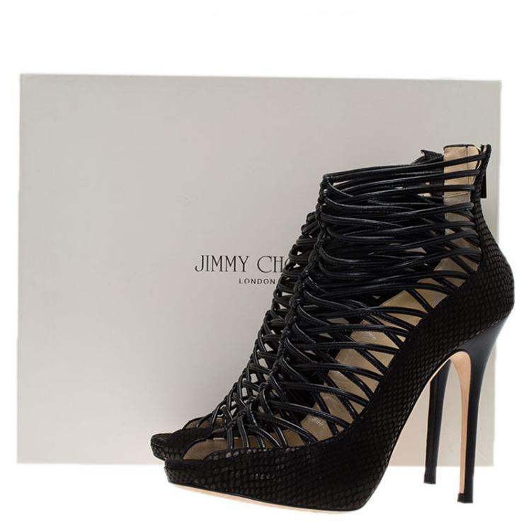 Pre Owned Jimmy Choo Black Snakeskin Embossed Quito Open Toe Ankle Boots Size 41