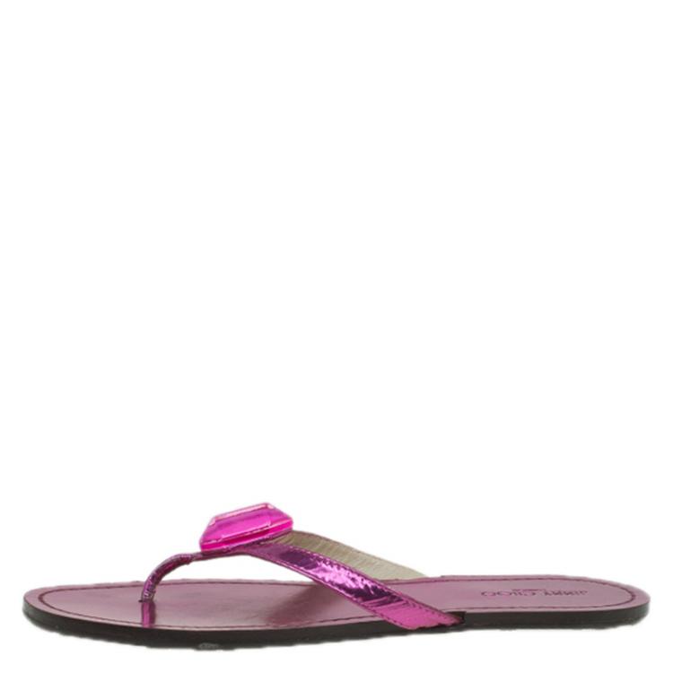 Pre Owned Jimmy Choo Metallic Pink Gem Embellished Flat Sandals Size 37.5