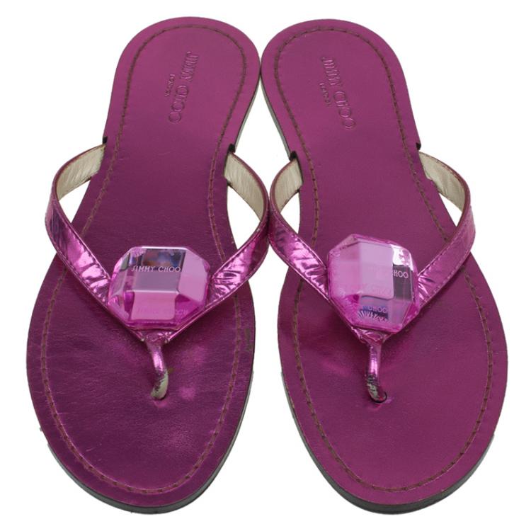 Pre Owned Jimmy Choo Metallic Pink Gem Embellished Flat Sandals Size 37.5