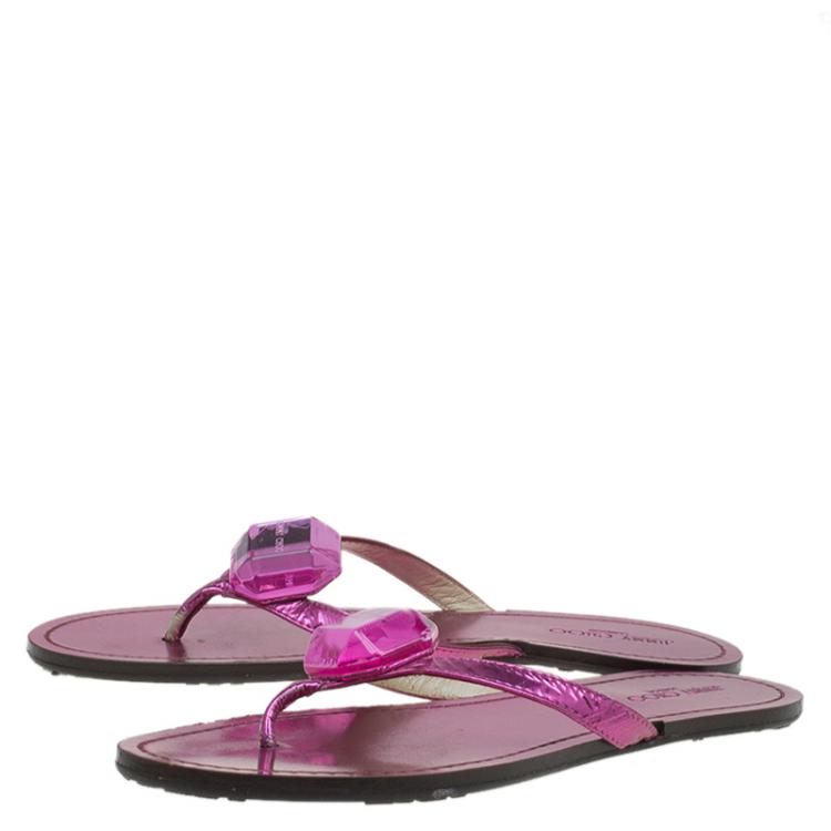 Pre Owned Jimmy Choo Metallic Pink Gem Embellished Flat Sandals Size 37.5