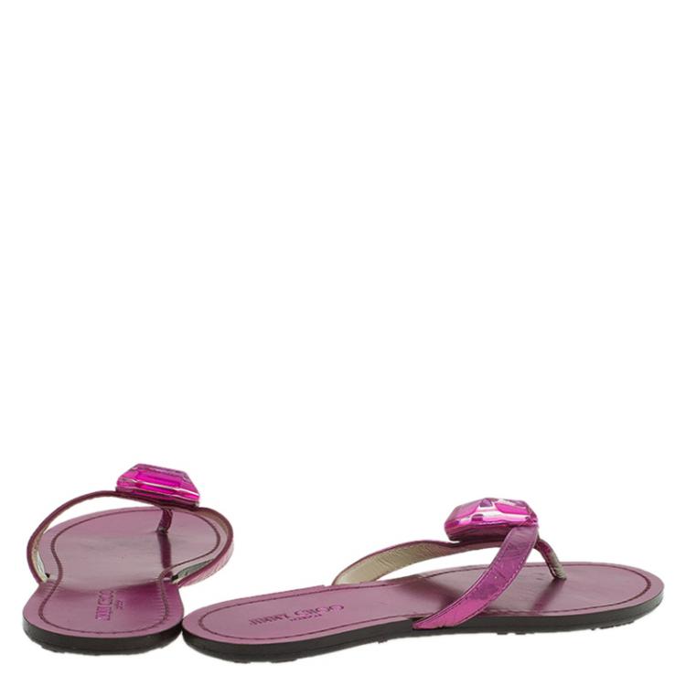 Pre Owned Jimmy Choo Metallic Pink Gem Embellished Flat Sandals Size 37.5