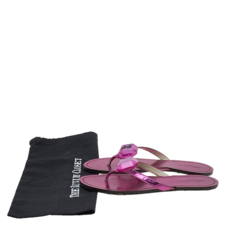 Pre Owned Jimmy Choo Metallic Pink Gem Embellished Flat Sandals Size 37.5
