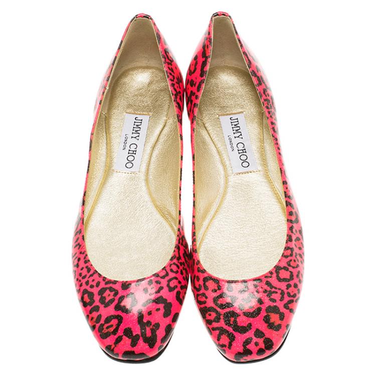 Pre Owned Jimmy Choo Florescent Pink Leopard Print Patent Ballet Flats Size 37