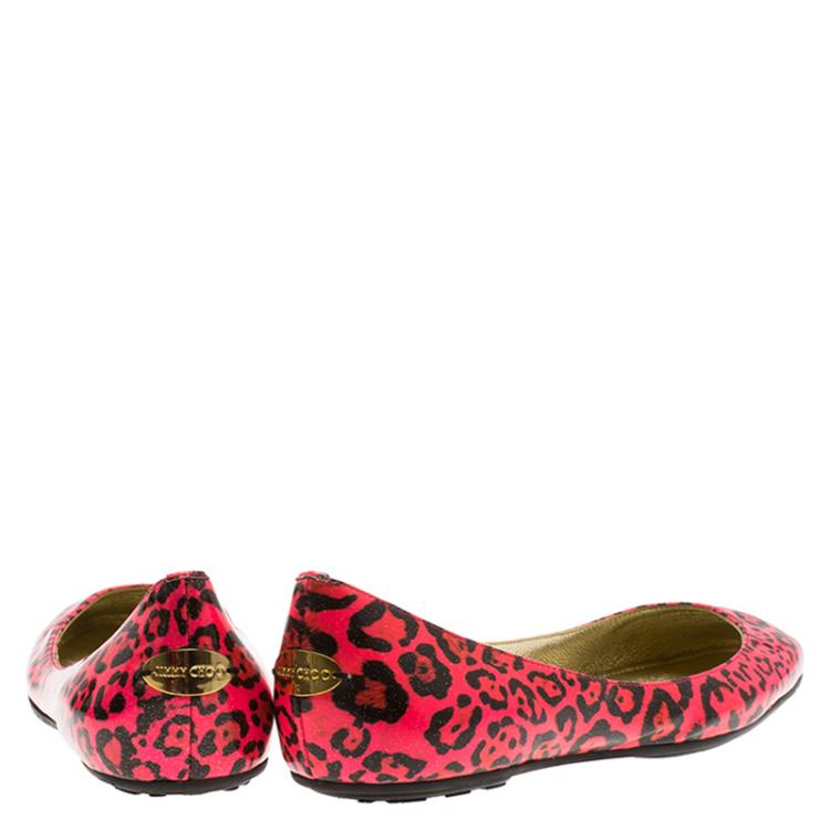 Pre Owned Jimmy Choo Florescent Pink Leopard Print Patent Ballet Flats Size 37
