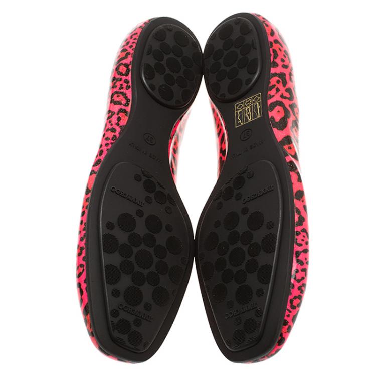 Pre Owned Jimmy Choo Florescent Pink Leopard Print Patent Ballet Flats Size 37