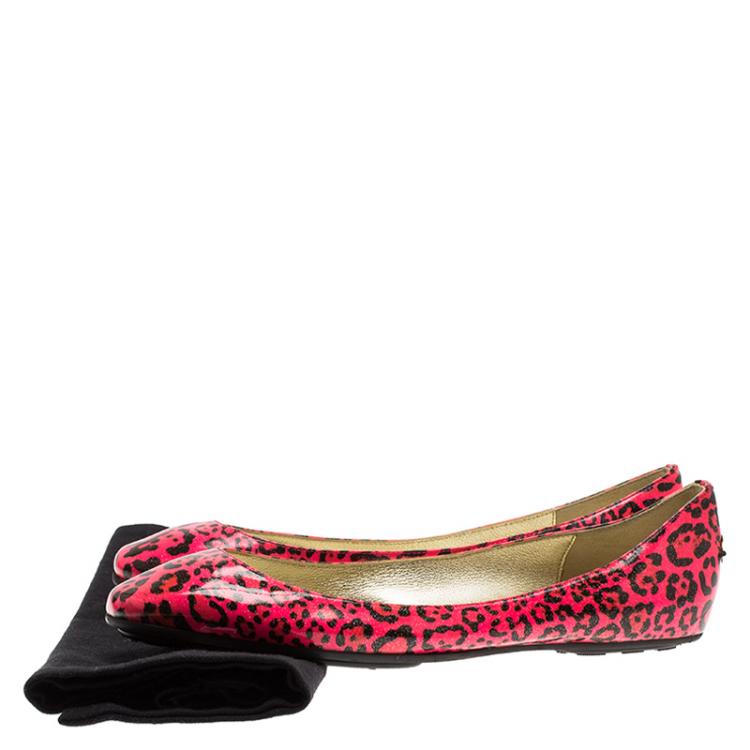 Pre Owned Jimmy Choo Florescent Pink Leopard Print Patent Ballet Flats Size 37