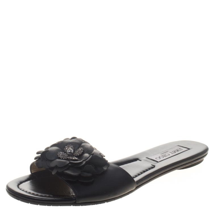 Pre Owned Jimmy Choo Black Leather Neave Floral Appliqué Slides Size 40